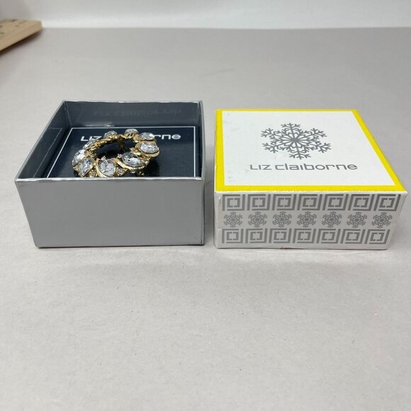 Liz Claiborne Clear Rhinestone Wreath Brooch Gold-Tone Classic Holiday Gift - Picture 6 of 8